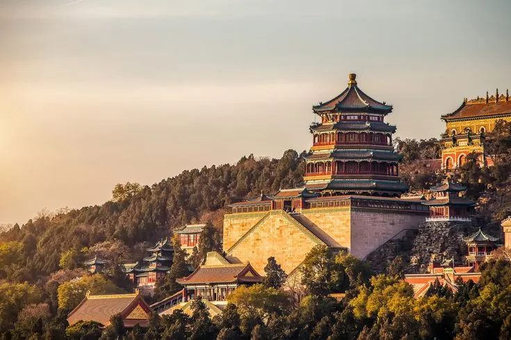 A temple tower on a hillside at the Summer Palace in Beijing