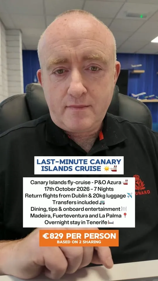 Tom Britton presenting a Canary Islands cruise offer