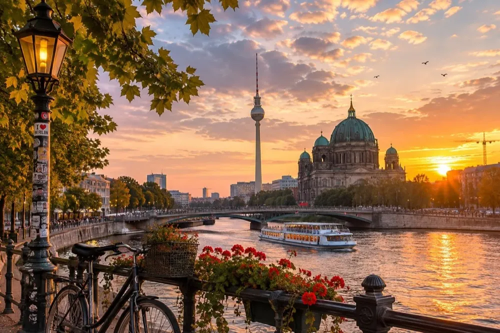 The River Spree in Berlin at sunset, with the TV tower and cathedral